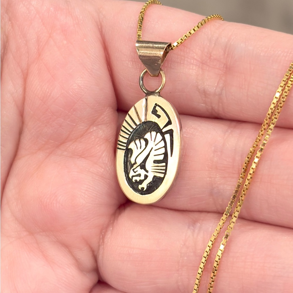 Vintage Native Eagle Sterling 14K Pendant, Navajo Aztec Style Piece - Picture 12 of 16